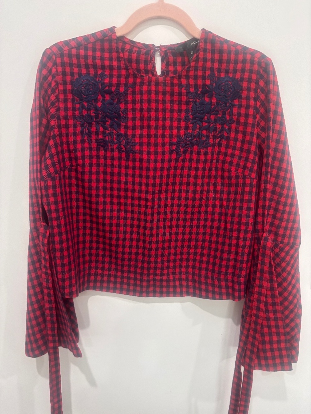 Aqua Red Navy Gingham Check Embroidered Blouse Medium 100% Cotton